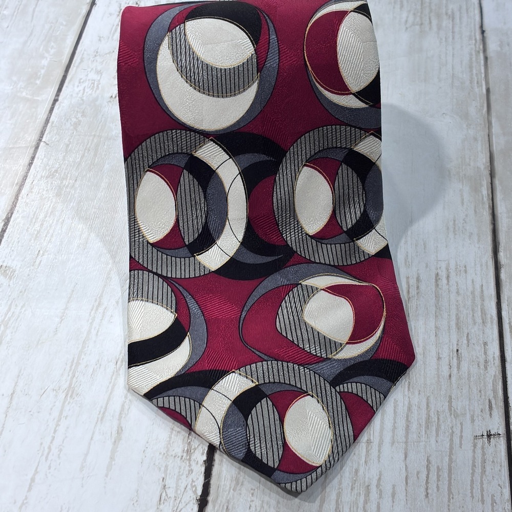 Martin Wong Men's Silk Tie Red Black White Gray Geometric Circles Modern Art